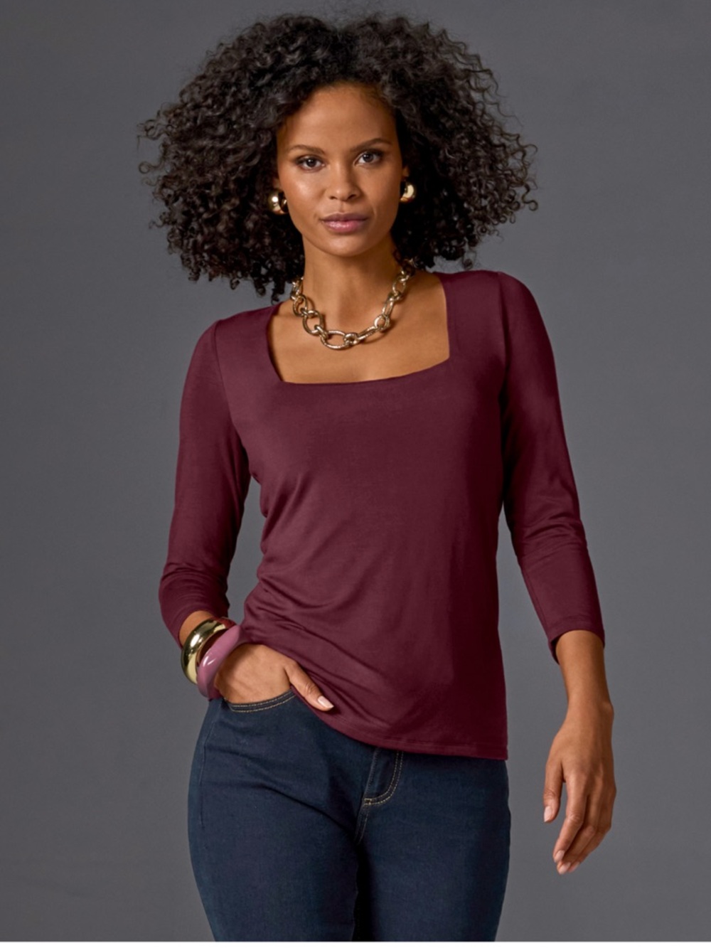 Boston Proper So Effortless Square Neck Three Quarter Sleeve Top